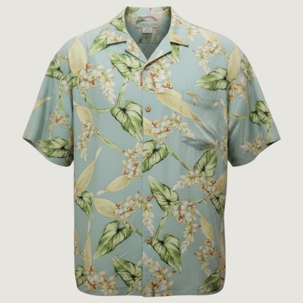 Paradise Found Mens Aloha Shirt Sage Green Floral Rayon Camp Men Shirt 2XL Beach